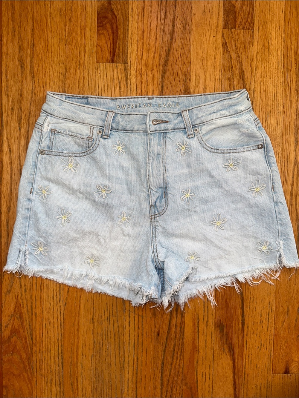 American Eagle Outfitters Light Blue Daisy Embroidered Jean Cutoff Shorts